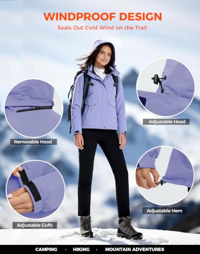 wantdo Women's Waterproof Ski Jacket Warm Fleece Lined Snow Winter Coat | 10000mm Waterproof Snowboard Jacket for Skiing, Hiking, Commute, Removable Hood, 6 Pocket, Windproof Warm -10°F to 50°F - color: Light Purple, size: X-Large