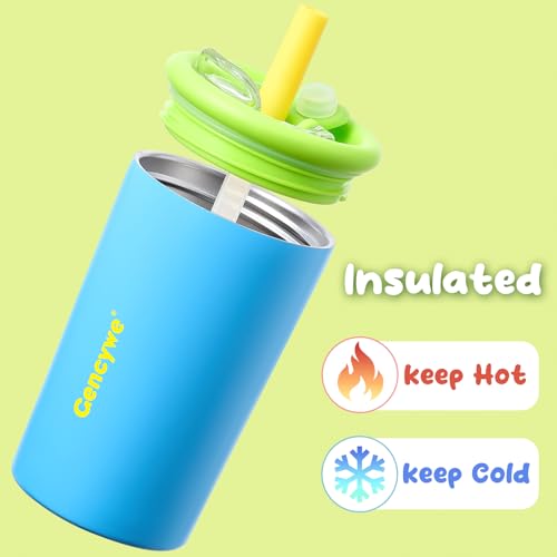 Gencywe® 2 PACK Kids Double Walled Stainless Steel Cups with Straws and lids | 12 oz Spill-Proof Sippy Smoothie Tumbler Set, Small Kids Snack & Drink Water Cups, BPA-Free (Age: 3+ years old & up)