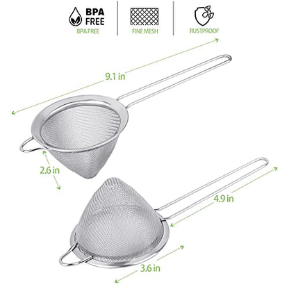 2 Pack Stainless Steel 18/8 Small Food Strainer, Fine Mesh Sieve with Long Handle, Cocktail Strainer For Cocktails, Tea Herbs, Coffee & Drinks, Rust Proof & Great as Tea Strainer, 3.5inch