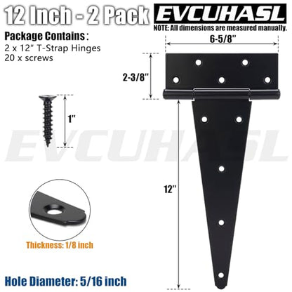 12 Inch T-Strap Gate Hinges, Shed Barn Door Hinges Heavy Duty, Black Tee Hinges for Wooden Fences, Yard Gate, Wrought Hardware Iron Rustproof (2 Pack/Set) - size: 12 Inch