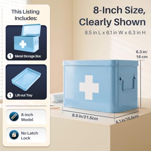 Flexzion Large Metal First Aid Box Empty, 8.5-Inch, Blue with White Cross - color: Blue, size: 8.5 Inch without Latch Lock
