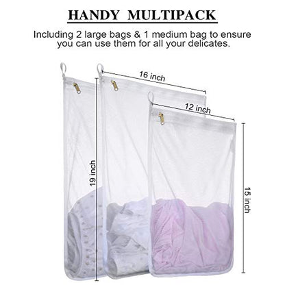 Fine Mesh Laundry Bags for Delicates, 3 Pack (2L+1M) Reusable Wash Bags with Sturdy Zippers, Durable Net Washing Bags for Lingerie, Bra, Sock, Underwear, Baby Clothes, Travel Organizer - size: set of 3 (2*L+1*M)