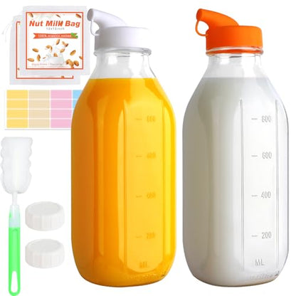 CARBLIN 32 Oz Glass Milk Bottles with Lids，1 Quart Juice Drinking Jugs