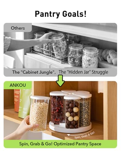 Ankou Rotating Food Storage Containers Set of 6, 23oz (690ml) Clear PET Jars with Dual Pour Lids, 360° Lazy Susan Pantry Organizer for Snacks, Cereal, Nuts, Oats & Dry Foods, Kitchen Grain Dispenser - color: 690ML*6