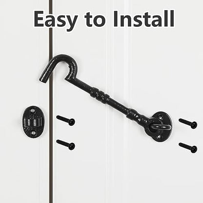 WellMade 6" Hook and Eye Latch for Door, Rust-Proof Door Latch, Privacy Hook Lock for Doors, Gate, Barn, Cabin, Bedrooms, Window with Screws (2 Pack, Black) - size: 2 Pack