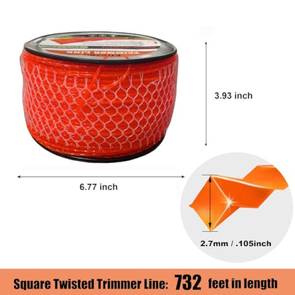 Weed Eater String, Orange Square Twisted Trimmer Line, 0.105-Inch Diameter Premium Commercial Weed Wacker String Spool Replacement (732-Feet, 3lbs) - size: 732FT x .105 in