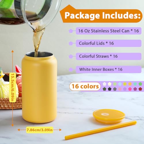 16oz Stainless Steel Can Tumblers, 16 Pack Insulated Beer Can Glass Cups with Lids and Straws, Iced Coffee Cup for Smoothie, Juice, Soda, Milk, Multiple colors