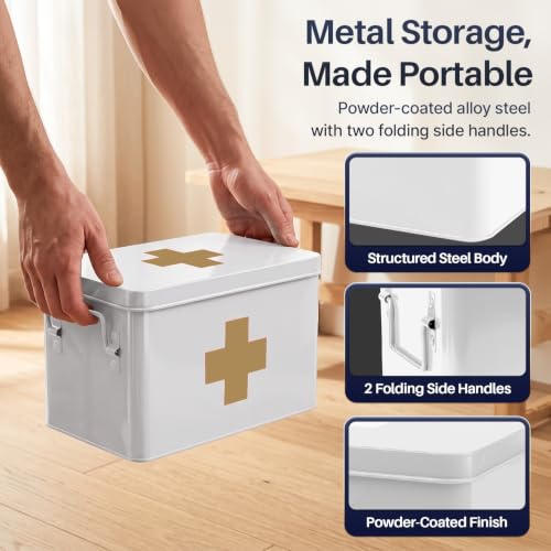 Flexzion Large Metal First Aid Box Empty, 13-Inch, White with Gold Cross - color: White - Gold Cross, size: 13 Inch without Latch Lock