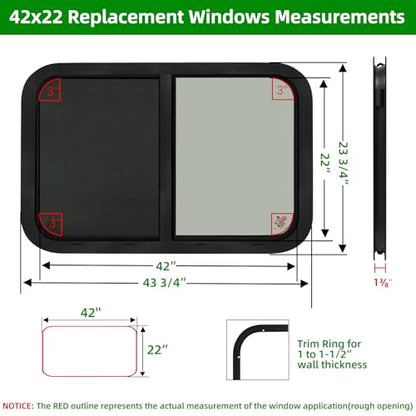 42"W x 22"H RV Windows for Cargo Trailer Camper,Tinted Horizontal Sliding - size: 42"W x 22"H