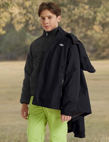 wantdo Boys' 3-in-1 Ski Jacket Fleece-Lined Winter Coat Hooded Raincoat - color: Black, size: 6-7