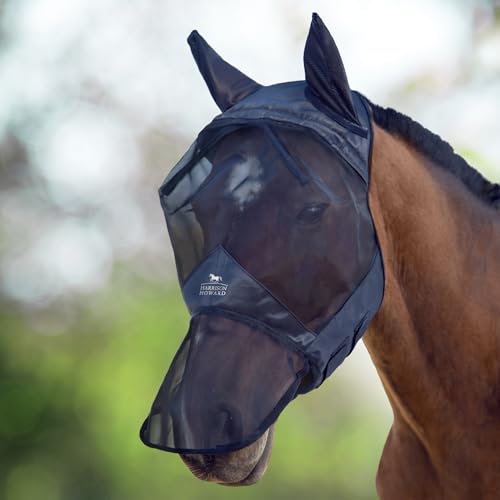 Harrison Howard CareMaster Horse Fly Mask Large Eye Space Long Nose with Ears Full Face Black Large Full Size - color: Black, size: Full (Large)