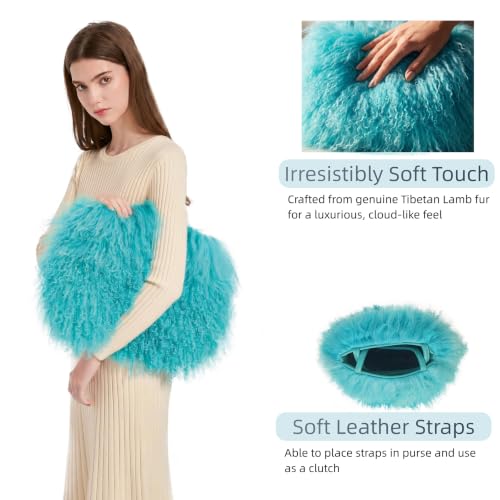 Women Luxury Real Curly Mongolian Lamb Fur Purse - color: Blue