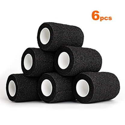 Self Adhesive Bandage Wrap| 6 Rolls 3"x 5 Yards Medical Tape,Vet Tape,Athletic Tape,Elastic Cohesive Bandage for Sports Injury,Stretch Athletic,Ankle,(Black)
