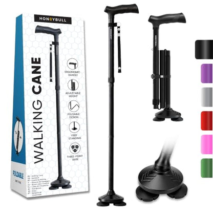 HONEYBULL Walking Cane for Men & Women, Foldable Free Standing Cane - color: Black