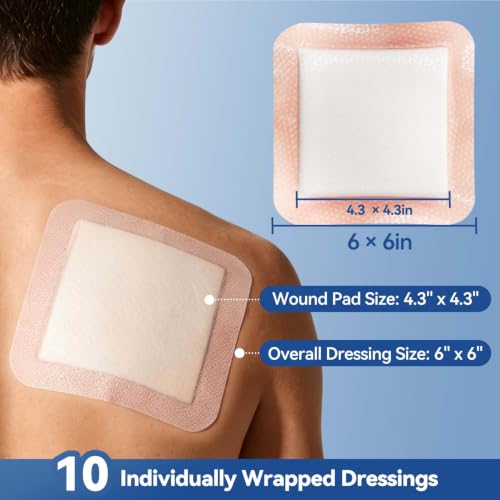 Dimora Silicone Super Absorbent Wound Dressings - Gentle Adhesive Bandages with Ultrasorb Polymer,Heavy Exudate Wound Care Pads 6"X 6" 10 Packs - size: 6"x 6"