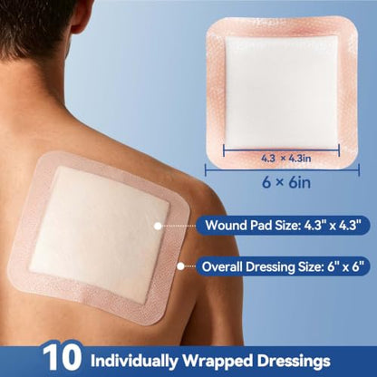 Dimora Silicone Super Absorbent Wound Dressings - Gentle Adhesive Bandages with Ultrasorb Polymer,Heavy Exudate Wound Care Pads 6"X 6" 10 Packs - size: 6"x 6"