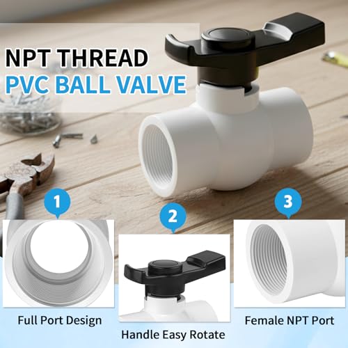Boltigen 2Pack 1-1/2 inch NPT PVC Ball Valves, 1.5''Double Female NPT Threaded PVC Shut Off Valve with Full Flow Port, SCH40 Plastic Water Control Valve, for Swimming Pool, Irrigation, Sewage Pipes - size: 1-1/2 inch