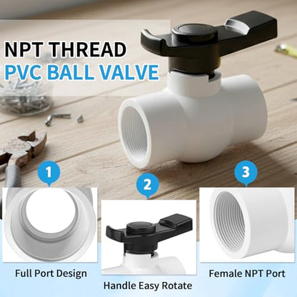 Boltigen 2Pack 1-1/2 inch NPT PVC Ball Valves, 1.5''Double Female NPT Threaded PVC Shut Off Valve with Full Flow Port, SCH40 Plastic Water Control Valve, for Swimming Pool, Irrigation, Sewage Pipes - size: 1-1/2 inch