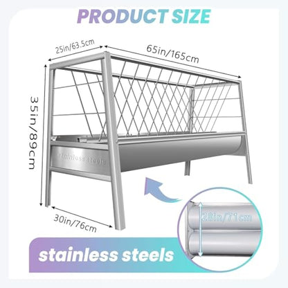 Goat Feeder, 96 Gallon Hay Feeder Goat with Detachable Grain Pan, Heavy Duty Stainless Steel Goat Hay Feeder, Suitable for Goats, Sheep, Horses, Easy Assembly in Farm, Silver Finish