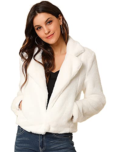 Allegra K Women's Cropped Faxu Fur Jacket Lapel 2026 Winter Fur Coat Outfit - color: White, size: Small