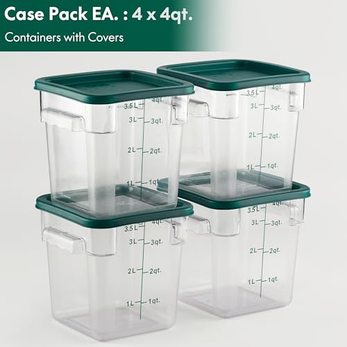 CURTA 4 Pack Food Storage Container with Green Lid - NSF Commercial Grade in 4.0 Qt - Square, Clear, Polycarbonate - color: 4.0 Qt 4-Pack(Green Lids)