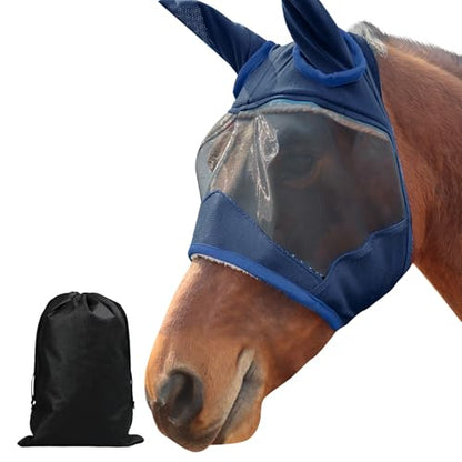 Fly Mask for Horse with Ears Adjustable UV Protection, Full Face Fly Masks for Horses for Daily Breathable Comfort Fit Riding & Competition(Navy, Large)