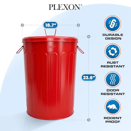 Plexon 20 Gallon Metal Trash Can with Lid Outdoor Large Trash Bin Steel Garbage Can for Garage Patio Farmhouse Bucket Bird Seed Storage Can Heavy Duty Round Container, Red - color: Red