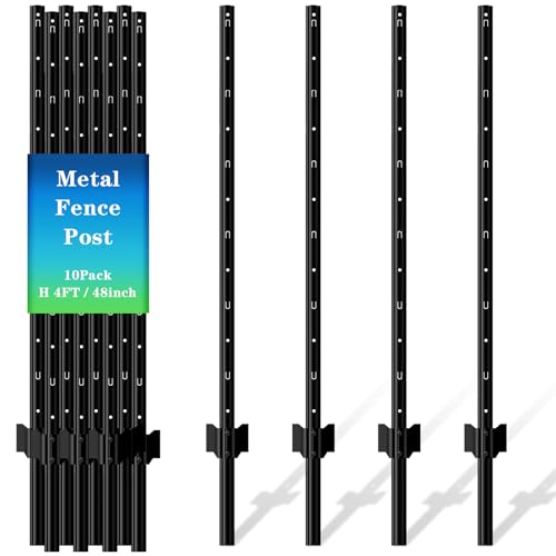 10 Pack Metal Fence Post, 4FT Heavy Duty U-Post for Wire Fence, No Dig T Posts Garden Fencing Stakes for Temporary Fencing, Electric Fence Wire, Corner Anchor - size: 4FT-10P