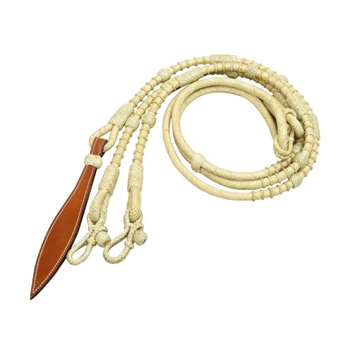 CALYX Natural & Black Knots Raw Hide Leather Horse Tack Hand-Braided Romal Romel Reins Ranch Rope/Rope Reins-8.5 Ft Rein, 52' Romel - color: Natural Rope and Natural Knots