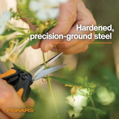 Fiskars 6" Steel Micro-Tip Pruning Scissors, Garden Snips for Small Plants | For Flower Stems, Herbs & Buds, Blades Stay Sharp, Easy Action Spring Reduces Hand Fatigue, Trimmer w/ SoftGrip Handle - style: Snips