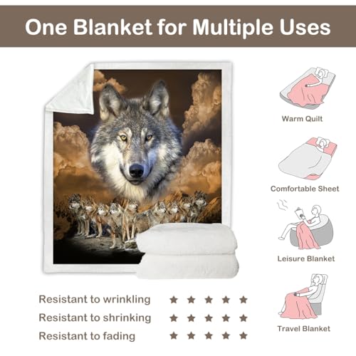 Sleepwish Gold Wolf Fleece Blanket Indian Blanket Plush - color: Black Cloud Wolf Group, size: Throw