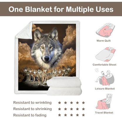 Sleepwish Gold Wolf Fleece Blanket Indian Blanket Plush - color: Black Cloud Wolf Group, size: Throw