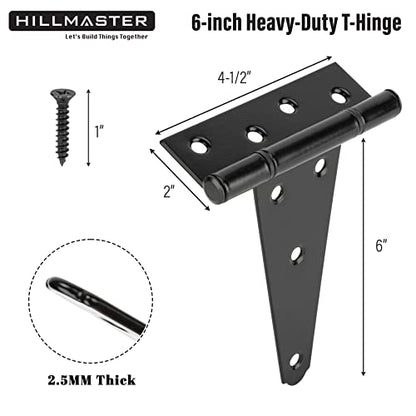 HILLMASTER 6 Inch T-Strap Heavy Duty Shed Door Hinges Gate Strap Hinges Black Tee Hinge Wrought Hardware for Wooden Fences,Yard,Barn Door,Rustproof(2 Pack) - size: 6in 2Pack