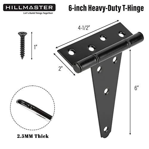 HILLMASTER 6 Inch T-Strap Heavy Duty Shed Door Hinges Gate Strap Hinges Black Tee Hinge Wrought Hardware for Wooden Fences,Yard,Barn Door,Rustproof (6 Pack) - size: 6in 6Pack