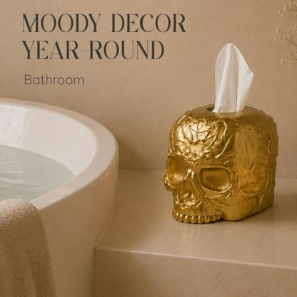 Gothic Skull Tissue Box Cover, Gold, Square by Death Decor - color: Gold