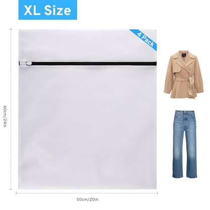 4 Pcs Mesh Laundry Bags Set for Delicates with AUTO-Lock Zipper, Lingerie Bags for Washing Delicates, Laundry Bags Mesh Wash Bags, Delicates Laundry Bag for Jeans,Blouse,Stocking,Bra(XL, 24" x 20") - size: X-Large_Fine Mesh