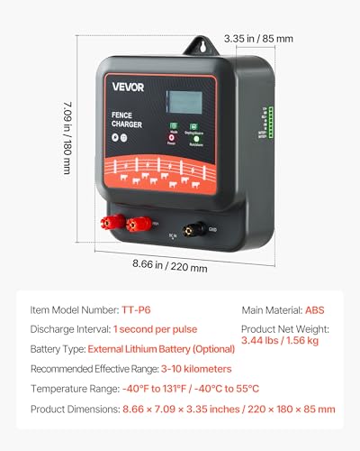 VEVOR Multi-Powered Electric Fence Charger, 2J/3J/5J, Electric Fence Energizer with Real-Time LED Display, 6.2 Miles Range, AC DC Powerful Fences Charger, Keep Out Wild Animals, for Livestock Poultry - size: 2J/3J/5J