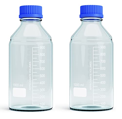 1000ml Storage Glass Bottles – 2pcs Round Media Storage Bottle – Borosilicate Glass Bottles – Safe Probe Storage Glass Storage Bottles with GL45 Blue Screw Cap (1000ml - 2pcs) - size: 1000ml - 2pcs