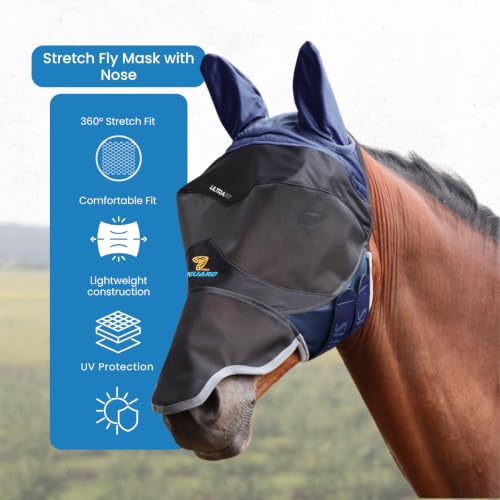 Shires Flyguard Pro Deluxe Horse Fly Mask with Ears & Nose - UV Protection & Fine Mesh Navy/Cob - color: Navy, size: Cob