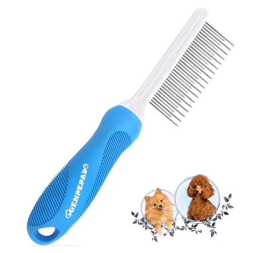 GENPEPADO Grooming Comb for Dogs and Cats with Long & Short Stainless Steel Metal Fine Teeth for Detangling Matted Hair - Pet Detangler Comb for Removing Tangles, Knots, Loose Fur from The Undercoat - color: Blue