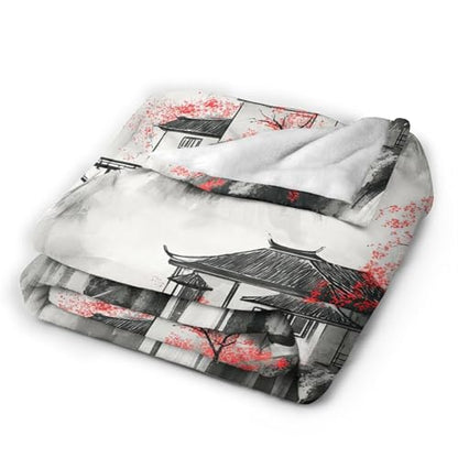 Japanese Throw Blanket Splash Red Cherry Blossom Gifts for Girls Women Men Boys Plush Cozy Flannel Fleece Fuzzy Landscape Blankets 60"X50" - color: Black Red, size: 60"x50"