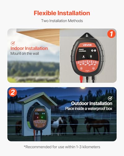 VEVOR Electric Fence Charger, 10kV 1J, AC DC Electric Fence Energizer with LED Indicator, 1.86 Miles Range, Powerful Plug-in Fences Charger, Prevents Wild Animals Intrusion for Livestock Poultry - size: 1J