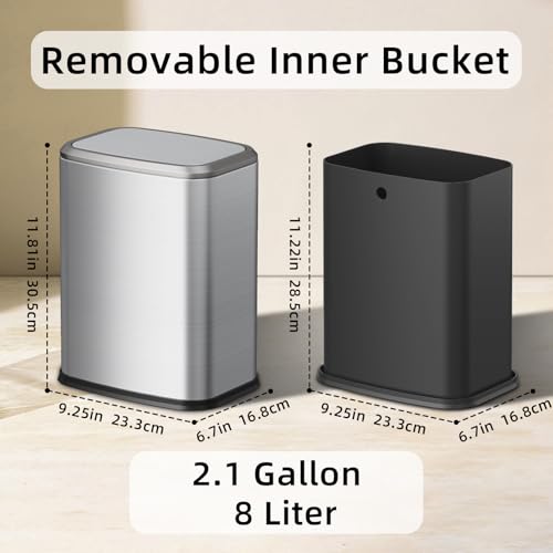 8L/2.1 Gal Small Bathroom Trash Can with Lid, Swing-Top Rectangular Waste Bin, Stainless Steel Garbage Can for Home, Office, Toilet, Bedroom, Living Room (Silver) - color: Silver