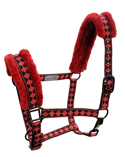Cob Horse Sized Jacquard Diamond Nylon Halter with Fleece Padded Nose and Crown and Black Trim and Black Coated Hardware - color: Red