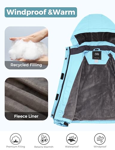 ZSHOW Girls' Ski Jacket Waterproof Fleece Raincoat Windproof Winter Coat - color: Ice Blue, size: 6-7