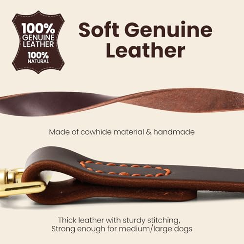 Leather Dog Leash, Strong Traffic Pet Short Lead & Heavy Duty Metal Hook for Training and Walking. (1.0ft L x 1.8cm W) - size: 1.0 ft L x 0.75 in W
