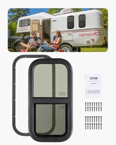 VEVOR Vertical RV Window, 12" W x 24" H Tinted Sliding Window with Net Screen & Trim Ring, Fit 15/16" - 1 3/4" Thickness Wall, RV Window Replacement for Teardrop Cargo Trailer Camper, DOT Approved - size: 12x24in, style: Vertical