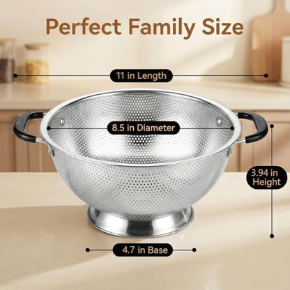 304 Stainless Steel Colander, 3 Quart Micro-Perforated Strainer with Heavy Duty Plastic Handles - Fast Draining Metal Basket for Rinsing Rice, Washing Vegetables, Draining Pasta - Dishwasher Safe - size: 3QT-plus