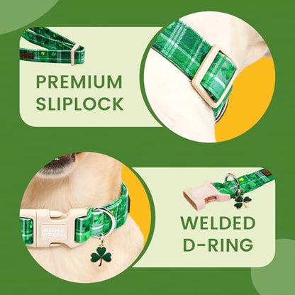 Elegant little tail St Patrick's Dog Collar - Green Plaid Cute Clover Cotton Shamrock Pet Collar Trefoil Adjustable Cotton Pet Collar with Quick Release Buckle for X-Small Dogs - color: Green Plaid, size: X-Small (Pack of 1)