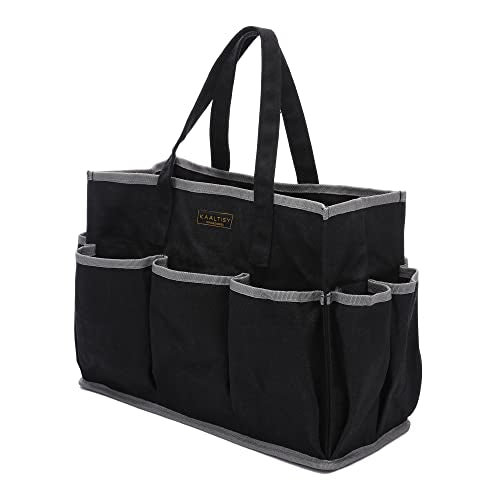 Canvas Tool Tote Bag, Heavy Duty 16oz Waxed Canvas Tool Storage Pouch with 1 Large Compartment & 10 Small Pockets | Multi-Purpose Garden Tool Bag for Horticulturists Mechanics Craftsmen – Black - color: Black